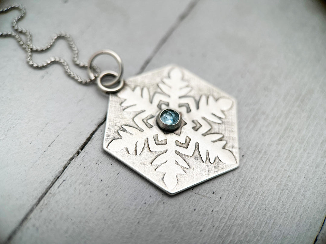 Aquamarine and Sterling Silver Snowflake Pendant Necklace - SunlightSilver