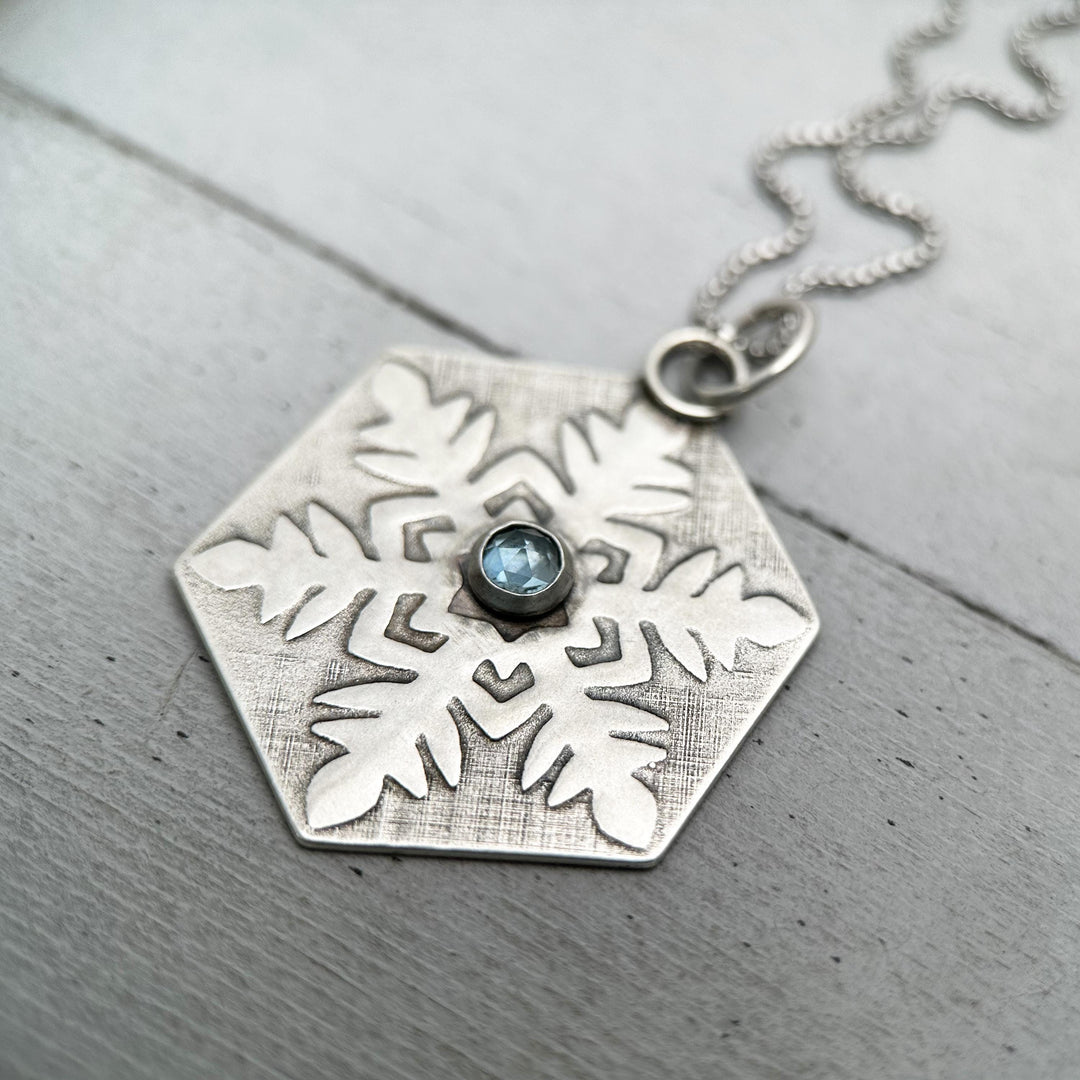 Aquamarine and Sterling Silver Snowflake Pendant Necklace - SunlightSilver