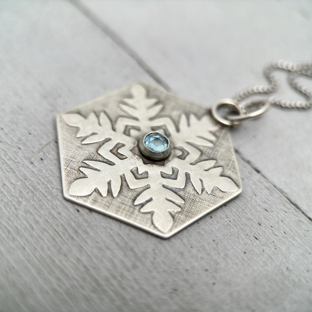 Aquamarine and Sterling Silver Snowflake Pendant Necklace - SunlightSilver