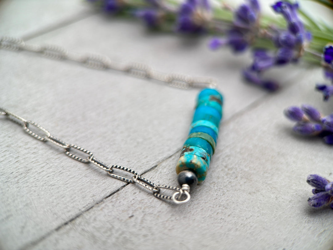 Turquoise, Navajo Pearl and Sterling Silver Paper Clip Chain Necklace - SunlightSilver