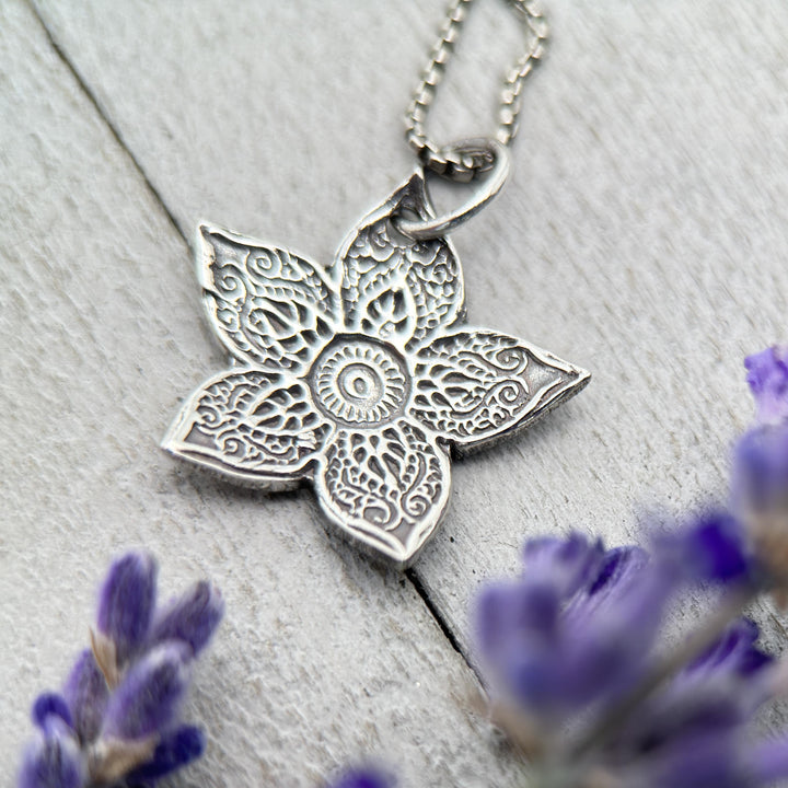 Small Sterling Silver Flower Charm Necklace. Solid 925 Sterling Silver - SunlightSilver