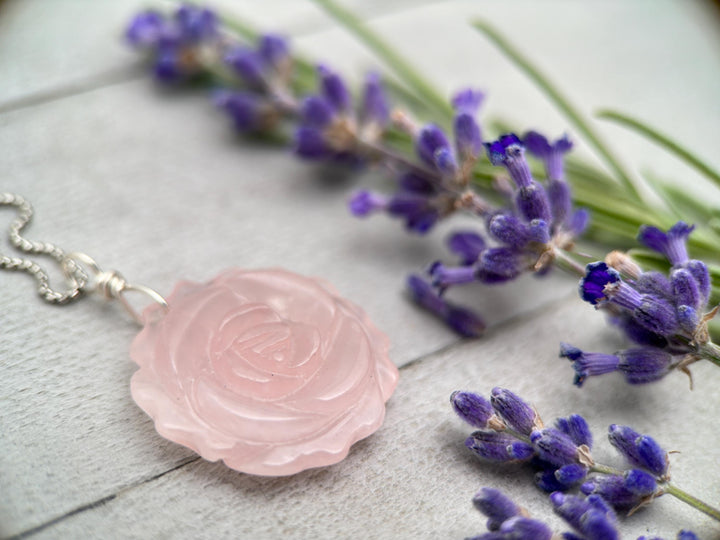 Carved Rose Quartz Flower and Sterling Silver Pendant Necklace - SunlightSilver