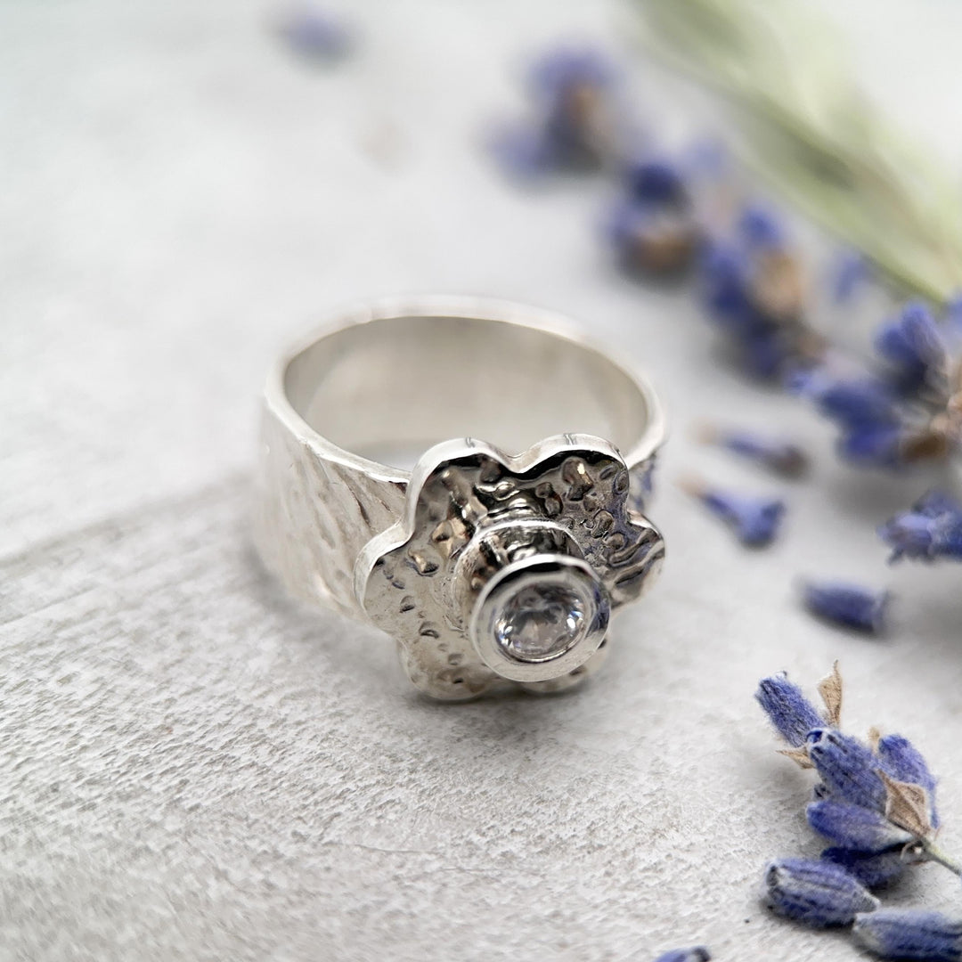 Silver Flower CZ Ring. Size 5-3/4 - SunlightSilver