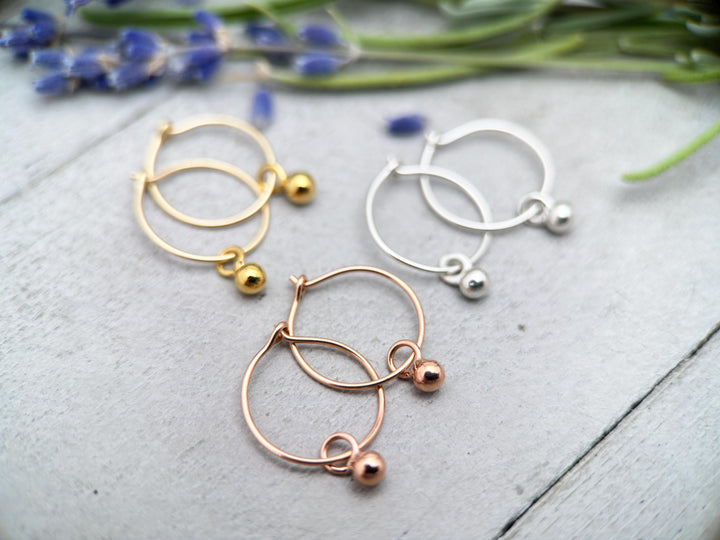 Ball Charm Hoop Earrings Available in Solid 925 Sterling Silver, 14k Yellow or Rose Gold Fill - SunlightSilver