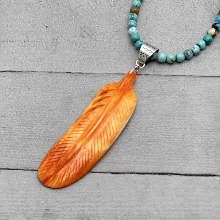 Large Carved Orange Spiny Oyster Feather and Sterling Silver Pendant - SunlightSilver