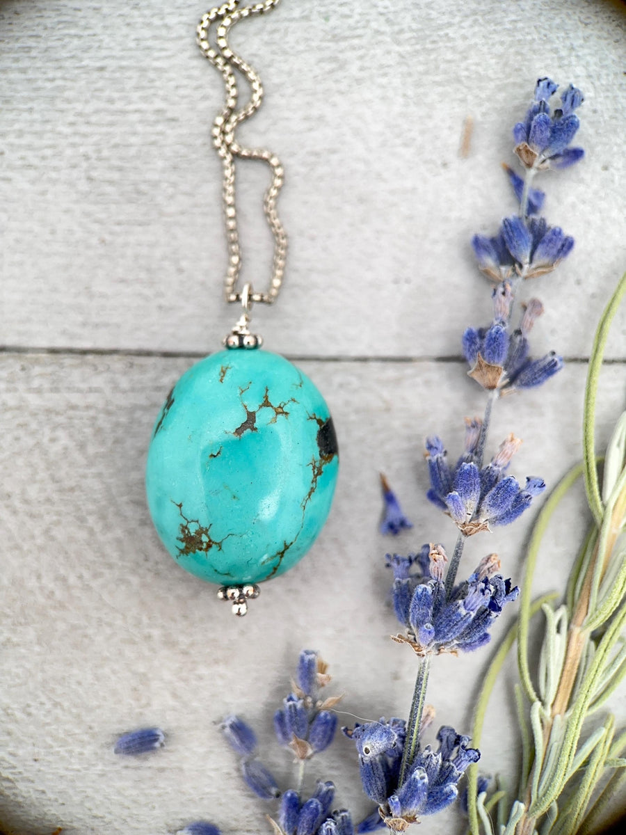 Large Turquoise Pendant on a Sterling Silver Chain - SunlightSilver