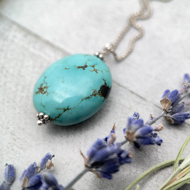 Large Turquoise Pendant on a Sterling Silver Chain - SunlightSilver