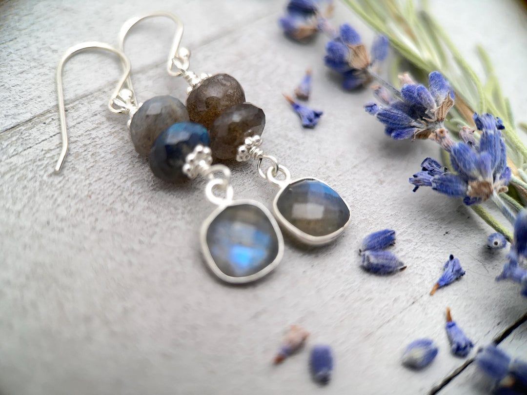 Faceted Labradorite and Sterling Silver Earrings. Flashy Glowing Stones - SunlightSilver