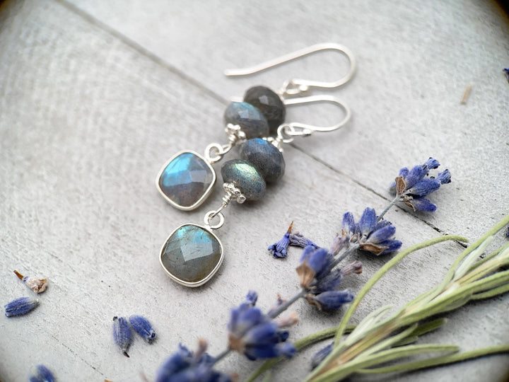 Faceted Labradorite and Sterling Silver Earrings. Flashy Glowing Stones - SunlightSilver