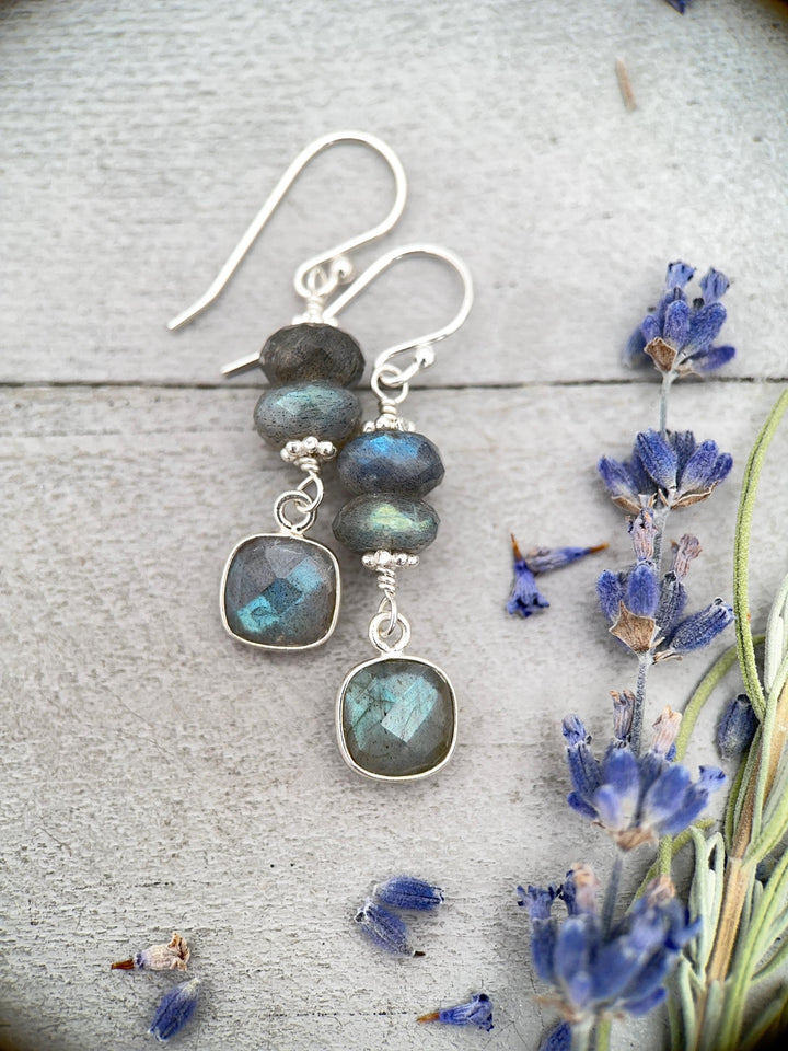 Faceted Labradorite and Sterling Silver Earrings. Flashy Glowing Stones - SunlightSilver