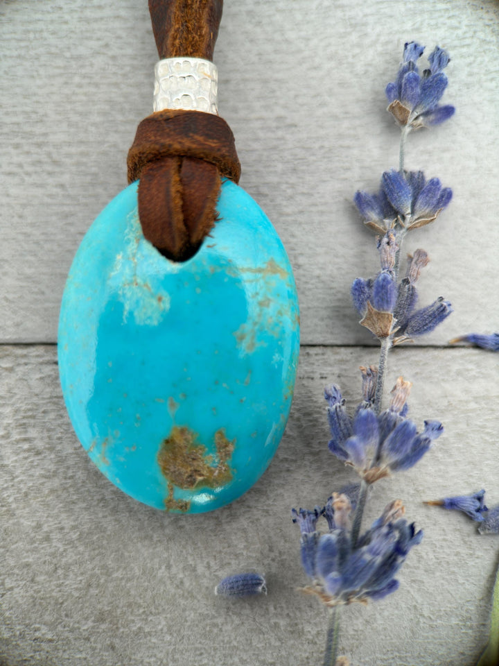 Rustic Blue Kingman Turquoise Adjustable Leather Necklace - SunlightSilver