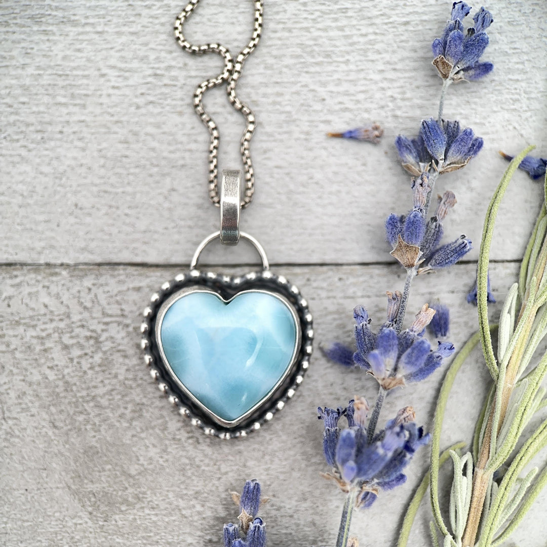 Larimar Heart and Solid 925 Sterling Silver Pendant Necklace - SunlightSilver