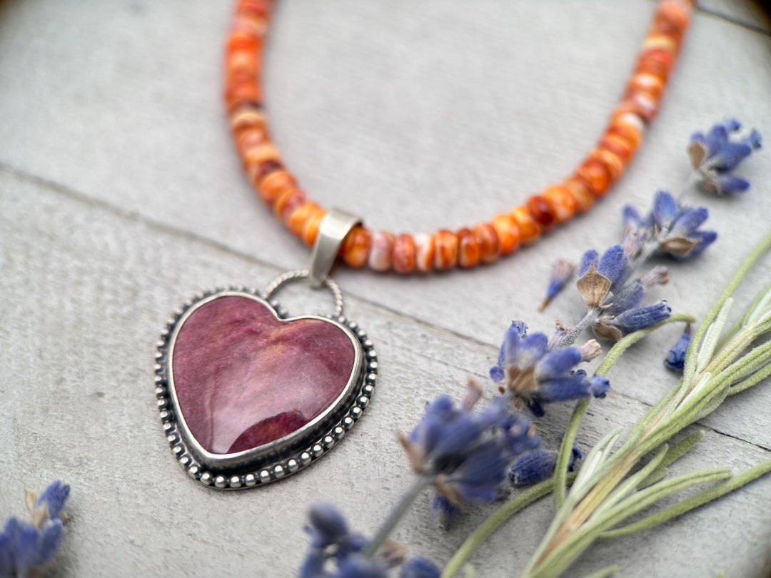 Purple Spiny Oyster Heart and Sterling Silver Pendant - SunlightSilver