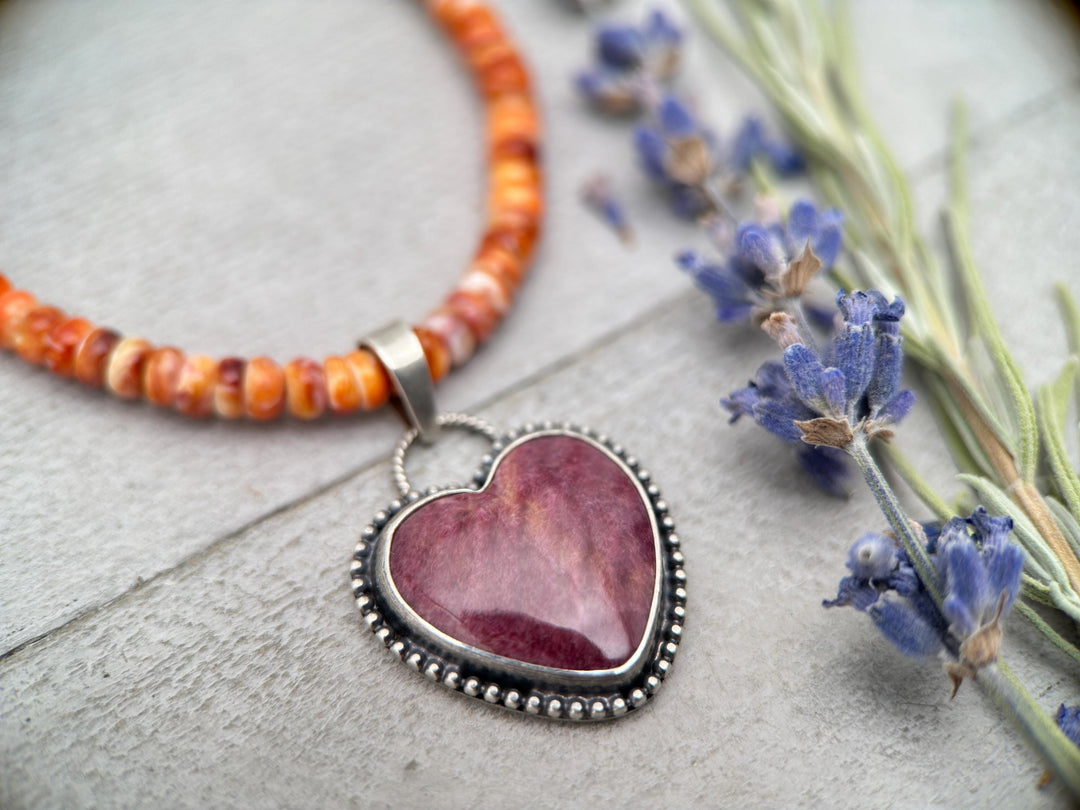 Purple Spiny Oyster Heart and Sterling Silver Pendant - SunlightSilver