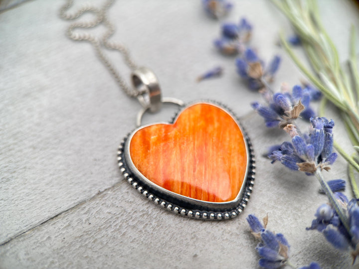 Red Spiny Oyster Heart and Sterling Silver Pendant - SunlightSilver