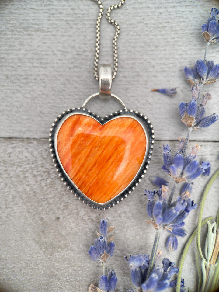 Red Spiny Oyster Heart and Sterling Silver Pendant - SunlightSilver