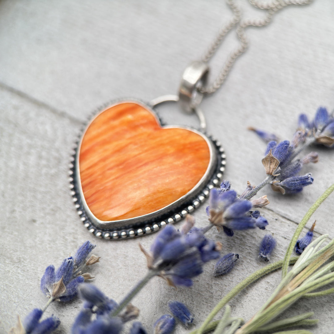 Red Spiny Oyster Heart and Sterling Silver Pendant - SunlightSilver