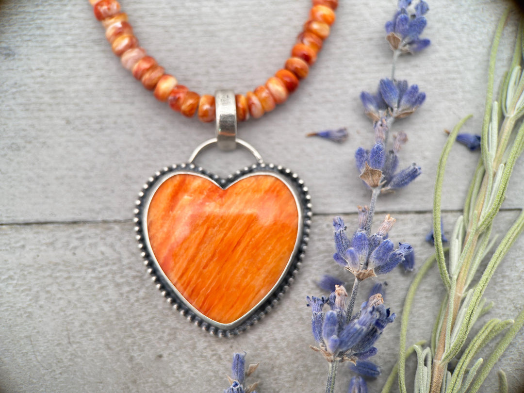 Red Spiny Oyster Heart and Sterling Silver Pendant - SunlightSilver