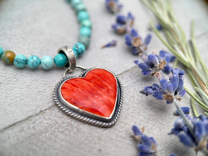 Red Spiny Oyster Heart and Sterling Silver Pendant - SunlightSilver