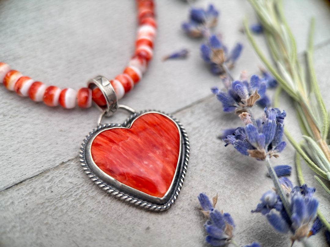 Red Spiny Oyster Heart and Sterling Silver Pendant - SunlightSilver