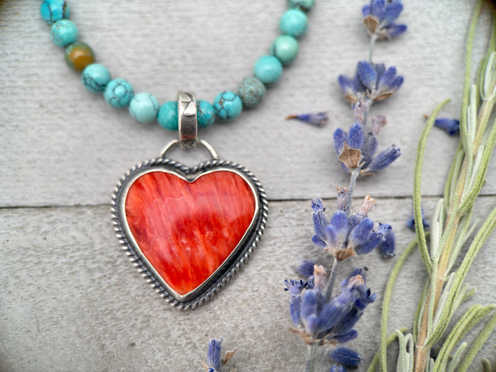 Red Spiny Oyster Heart and Sterling Silver Pendant - SunlightSilver