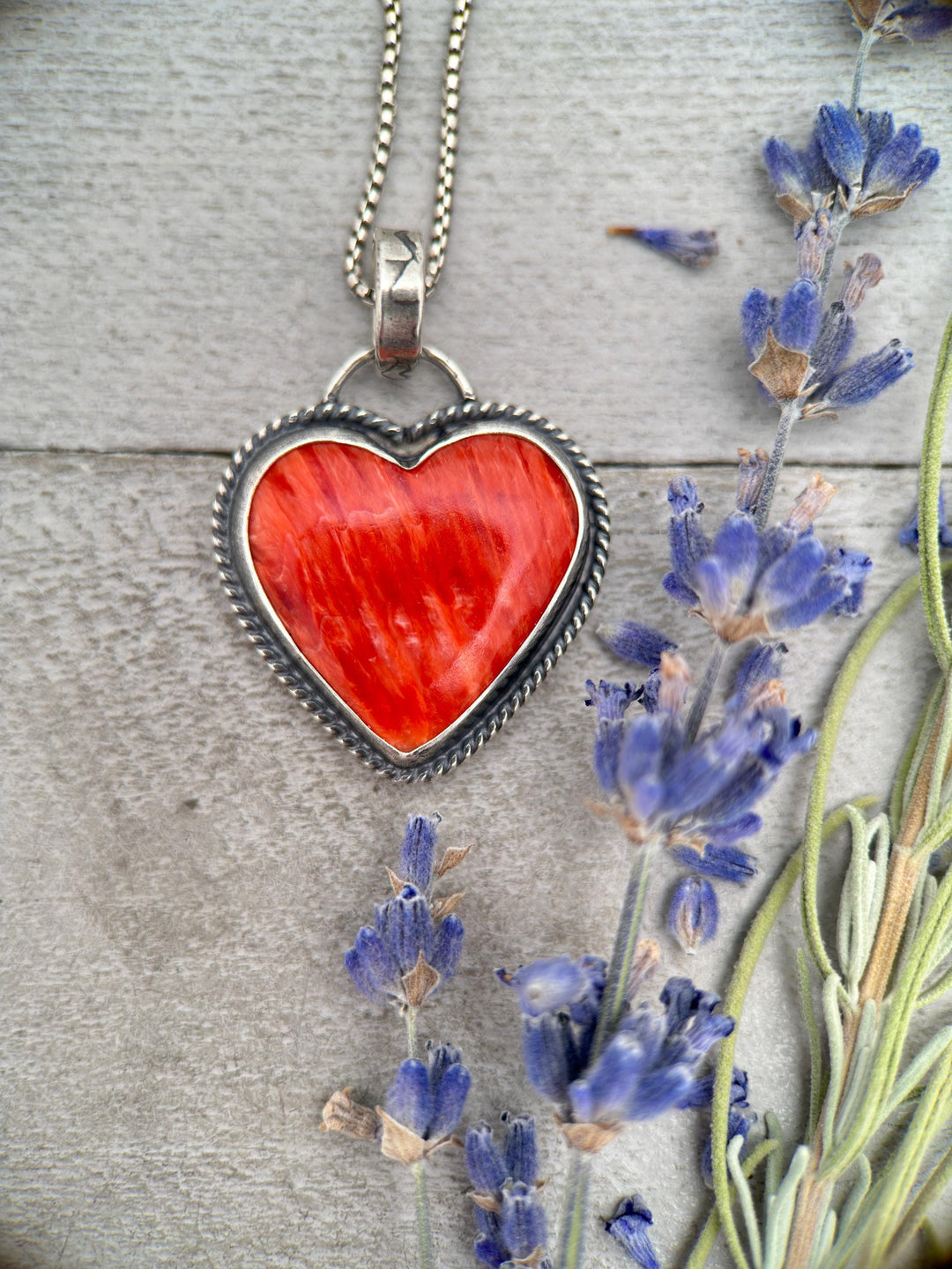 Red Spiny Oyster Heart and Sterling Silver Pendant - SunlightSilver