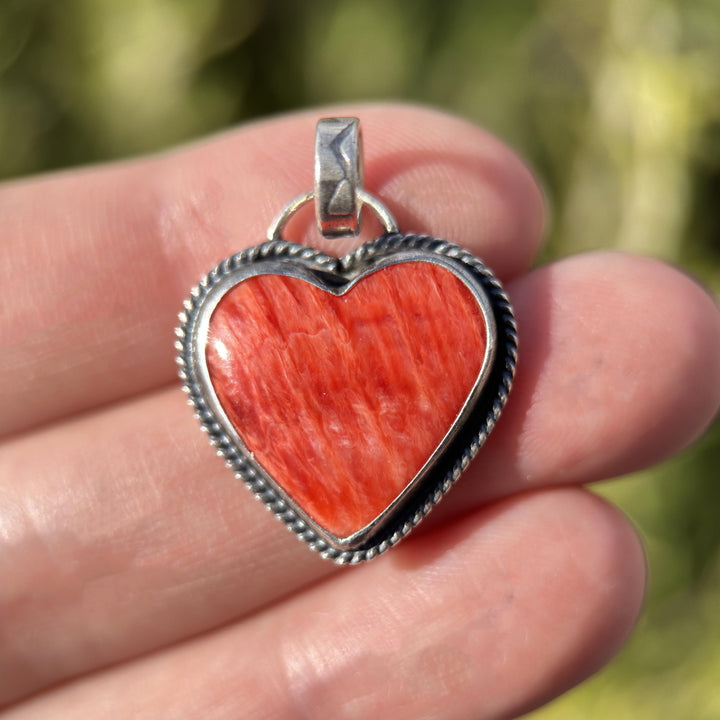 Red Spiny Oyster Heart and Sterling Silver Pendant - SunlightSilver