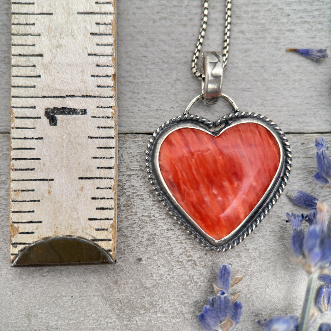 Red Spiny Oyster Heart and Sterling Silver Pendant - SunlightSilver