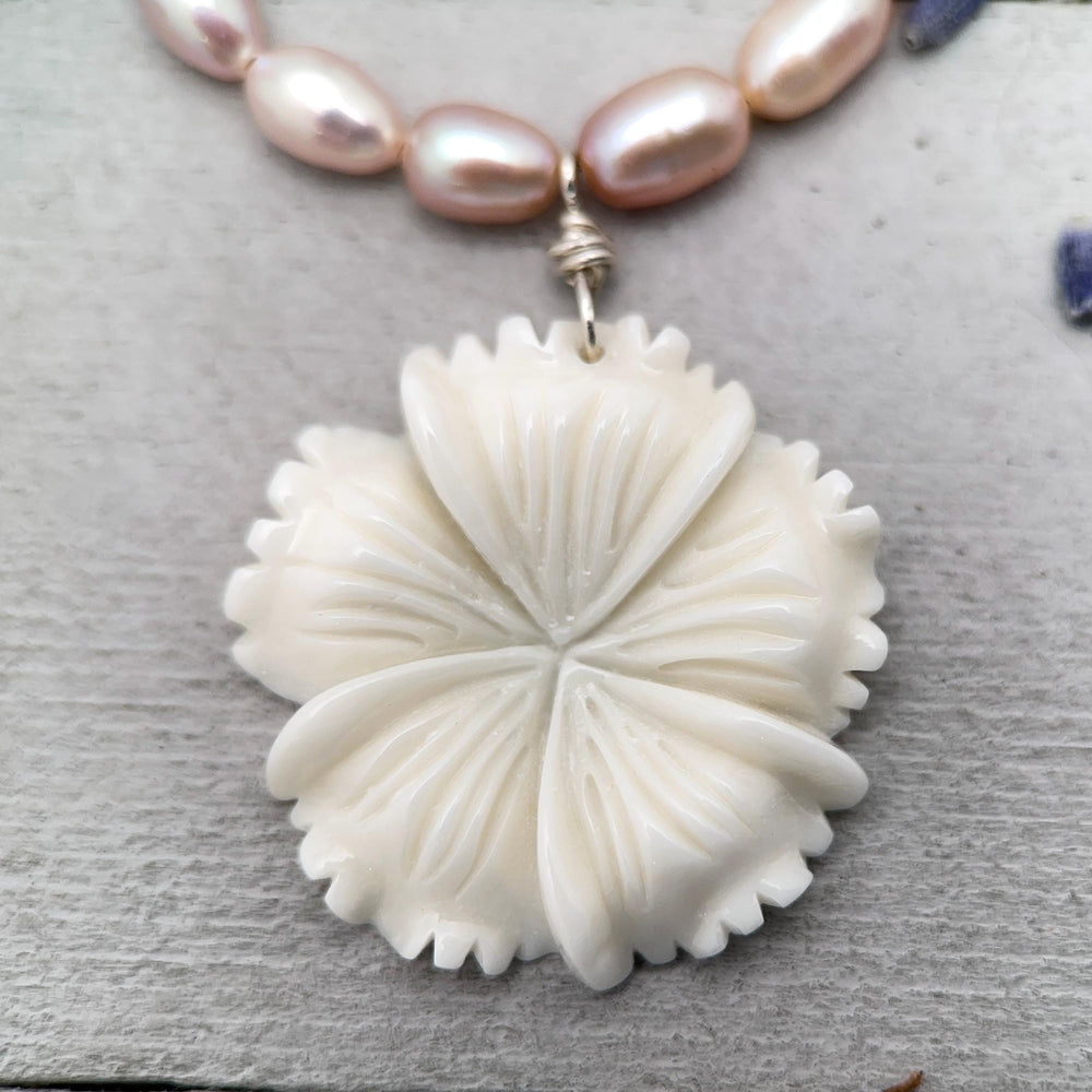 Pink Freshwater Pearl and Carved Flower Necklace - SunlightSilver