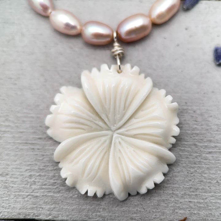 Pink Freshwater Pearl and Carved Flower Necklace - SunlightSilver