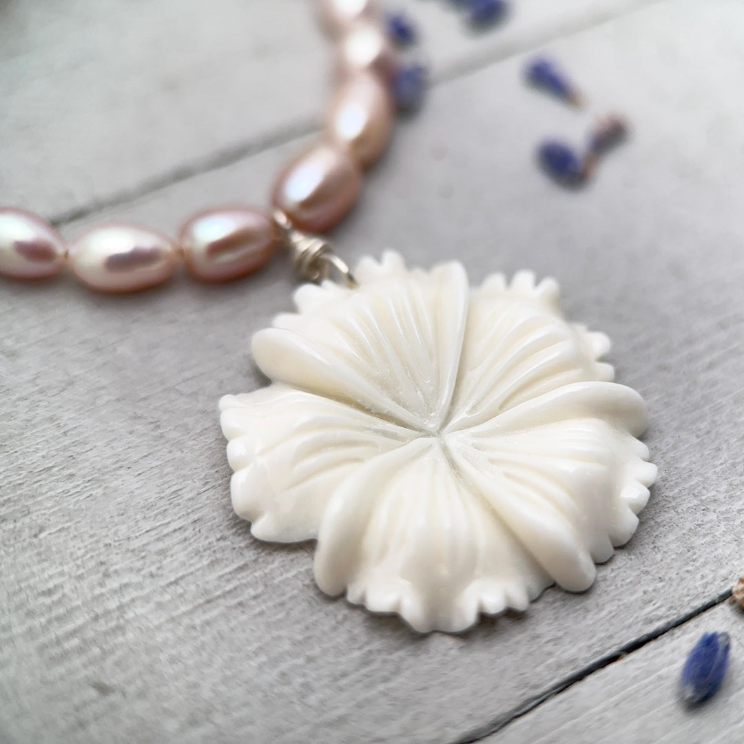 Pink Freshwater Pearl and Carved Flower Necklace - SunlightSilver
