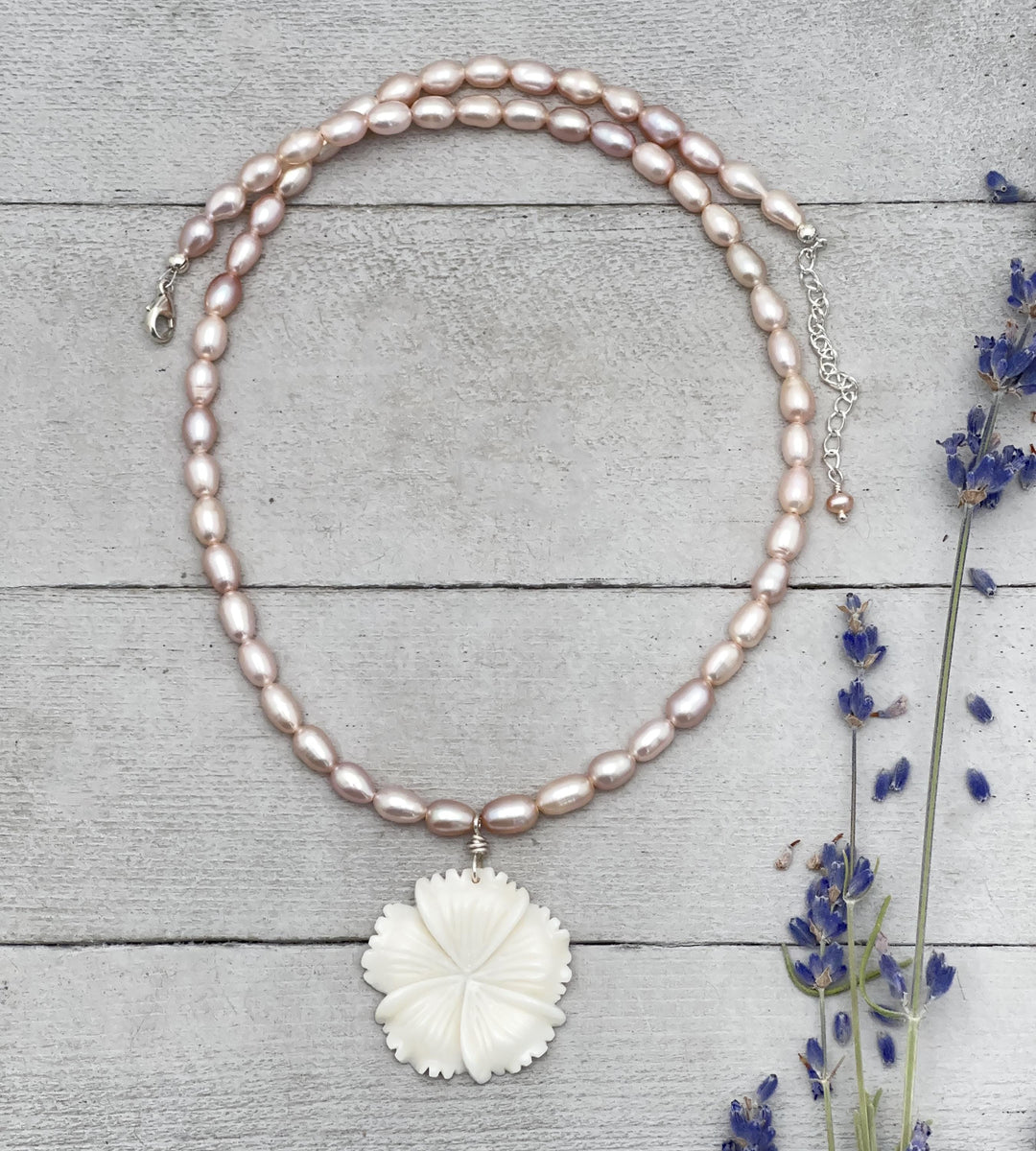 Pink Freshwater Pearl and Carved Flower Necklace - SunlightSilver