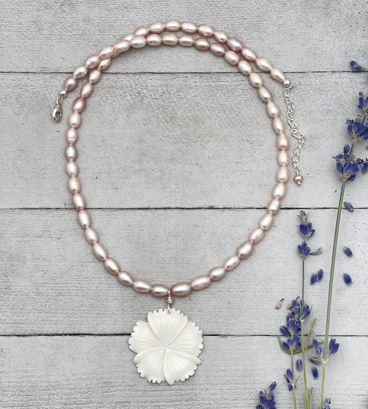 Pink Freshwater Pearl and Carved Flower Necklace - SunlightSilver