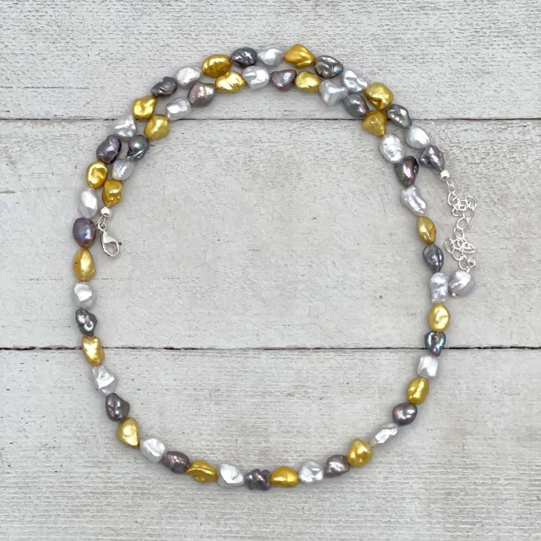 Yellow, Silver, and Gray Keshi Pearl and Sterling Silver Necklace - SunlightSilver