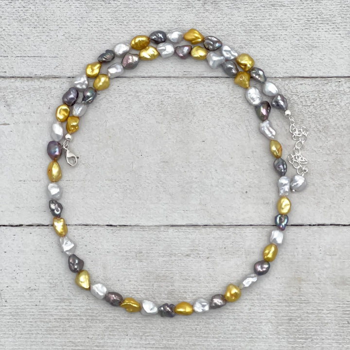 Yellow, Silver, and Gray Keshi Pearl and Sterling Silver Necklace - SunlightSilver