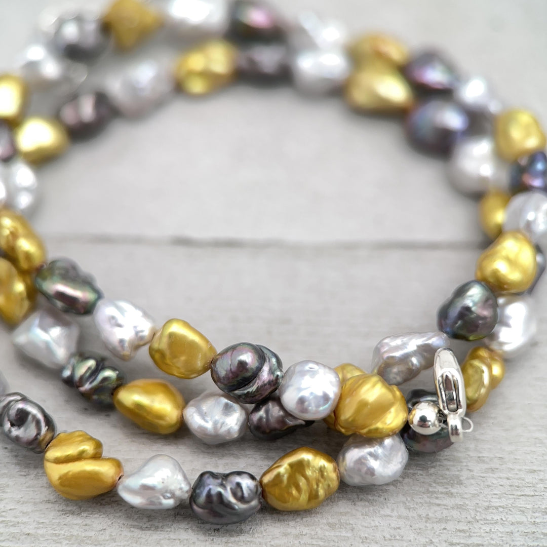 Yellow, Silver, and Gray Keshi Pearl and Sterling Silver Necklace - SunlightSilver