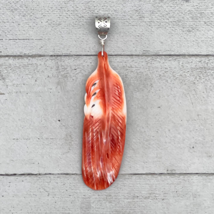 Large Carved Red Spiny Oyster Feather and Sterling Silver Pendant - SunlightSilver