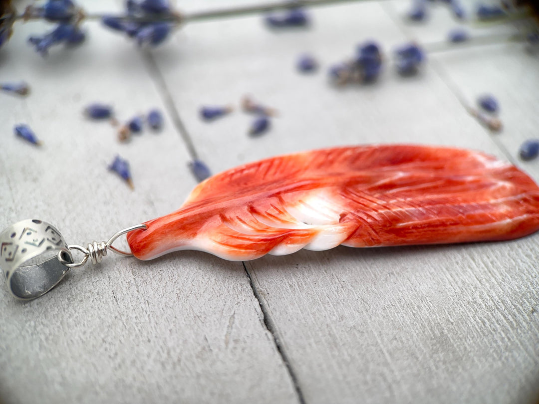 Large Carved Red Spiny Oyster Feather and Sterling Silver Pendant - SunlightSilver