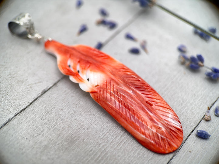 Large Carved Red Spiny Oyster Feather and Sterling Silver Pendant - SunlightSilver