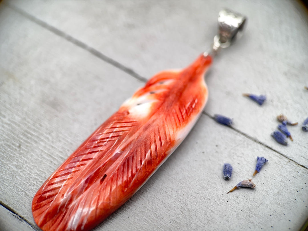 Large Carved Red Spiny Oyster Feather and Sterling Silver Pendant - SunlightSilver