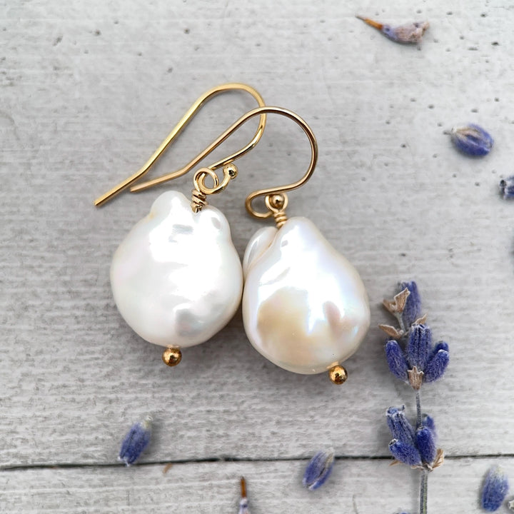 Gorgeous Keshi Pearl and 14k Yellow Gold Fill Earrings. Thick, Lustrous Nacre AAA - SunlightSilver