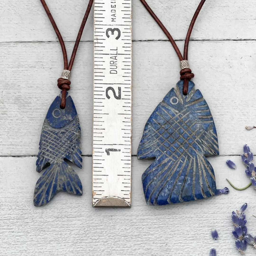 Lapis Lazuli Carved Fish and Brown Leather Necklace - SunlightSilver