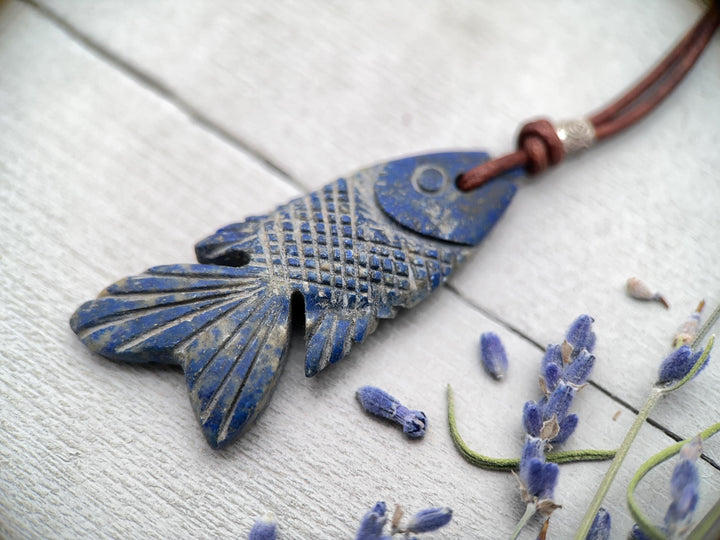 Lapis Lazuli Carved Fish and Brown Leather Necklace - SunlightSilver