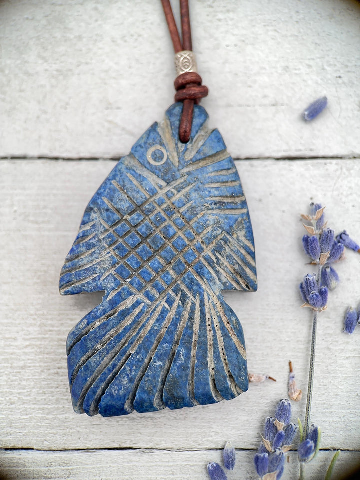 Lapis Lazuli Carved Fish and Brown Leather Necklace - SunlightSilver