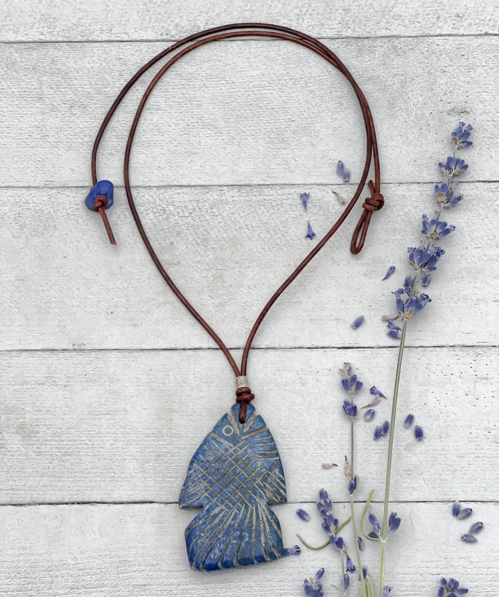 Lapis Lazuli Carved Fish and Brown Leather Necklace - SunlightSilver