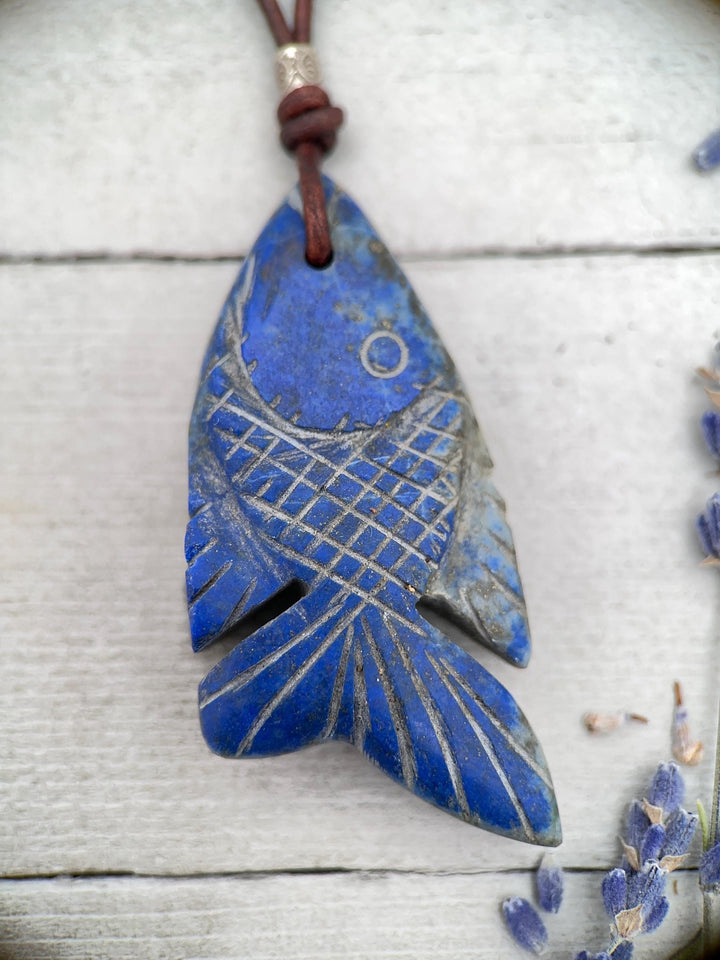 Lapis Lazuli Carved Fish and Brown Leather Necklace - SunlightSilver