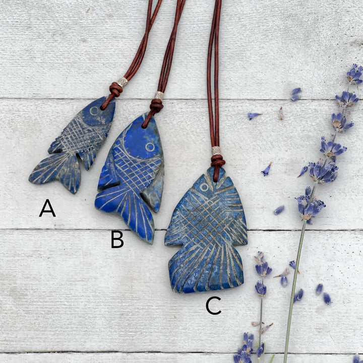 Lapis Lazuli Carved Fish and Brown Leather Necklace - SunlightSilver