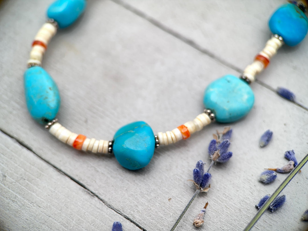 Nacozari Turquoise, Spiny Oyster, and Sterling Silver Necklace - SunlightSilver