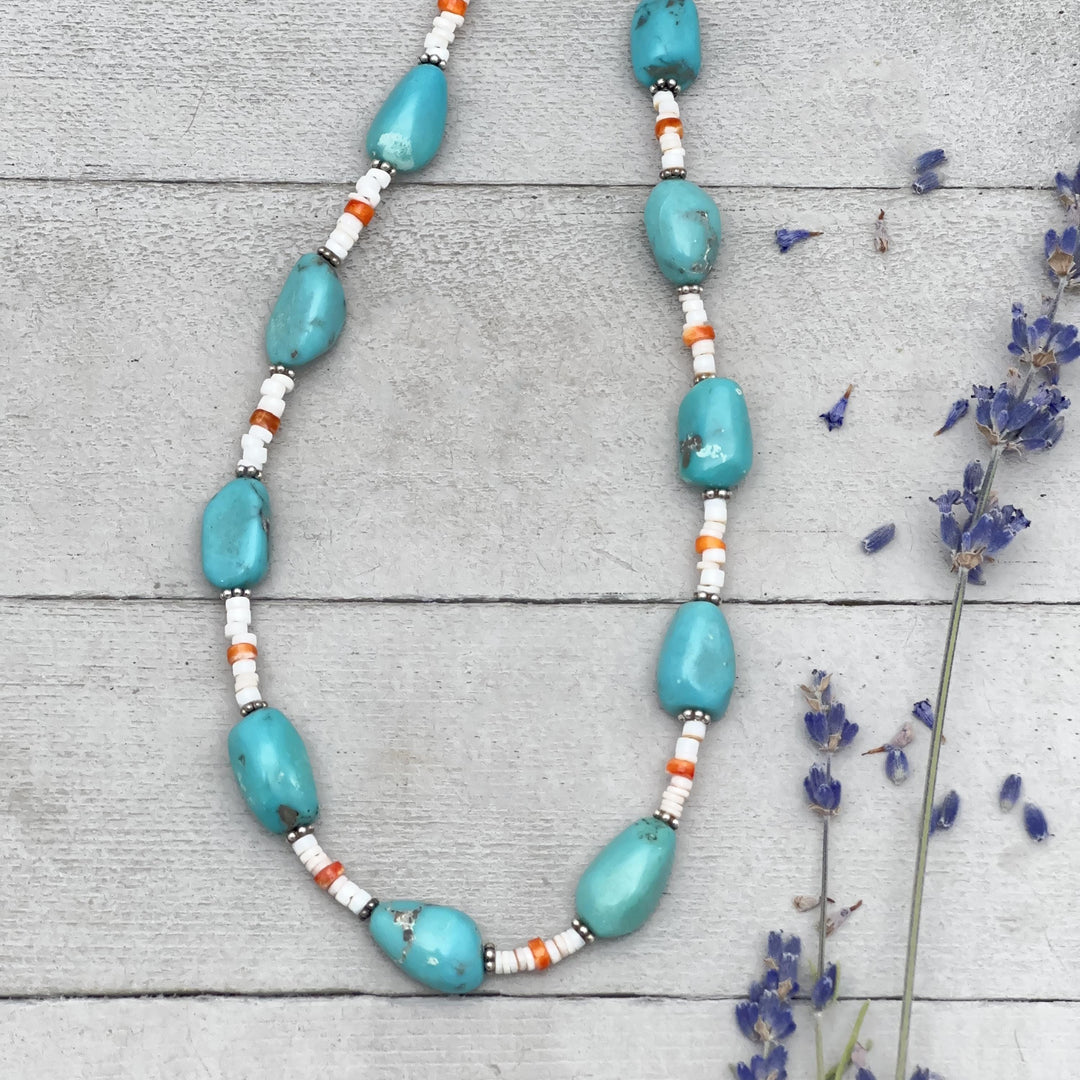 Nacozari Turquoise, Spiny Oyster, and Sterling Silver Necklace - SunlightSilver