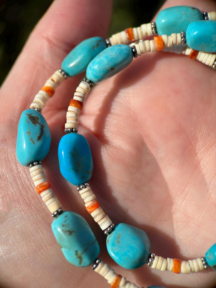 Nacozari Turquoise, Spiny Oyster, and Sterling Silver Necklace - SunlightSilver